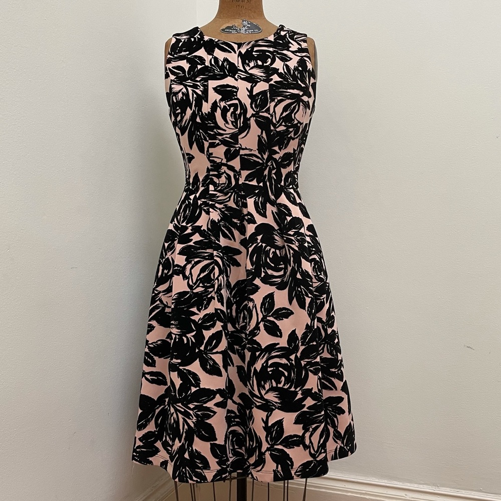 Romantic Dusty Pink Dress with Black Velvety Florals - Size 8